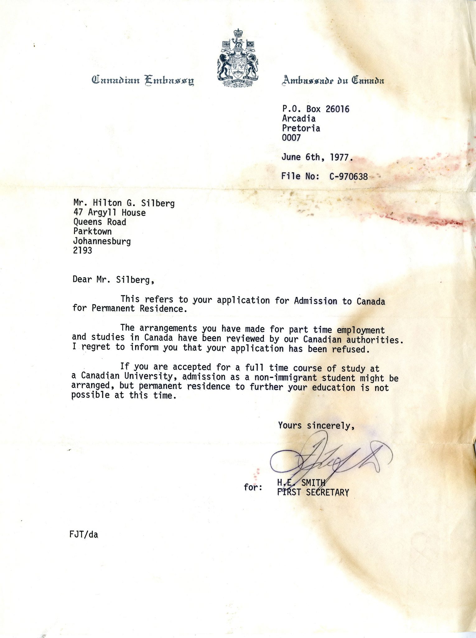 Canadian Embassy rejection letter